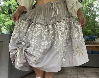 Custom made midi skirt peasant Reworked Boho princess vintage unique tutu art full one of a kind embroidered floral romantic cottage core