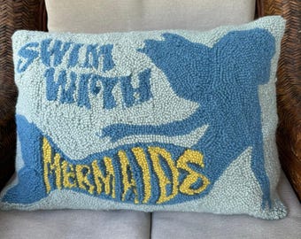 Coastal hand-hooked wool throw pillow “Swim With Mermaids" blue nautical summer 20x14” mermaid marine nautical beach house