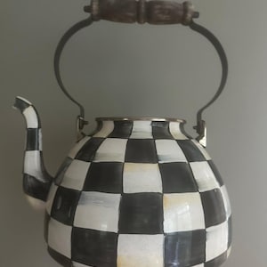 MacKenzie-Childs teapot Black & White Check MISSING Lid project decor damaged wooden handle large zdjęcie 9