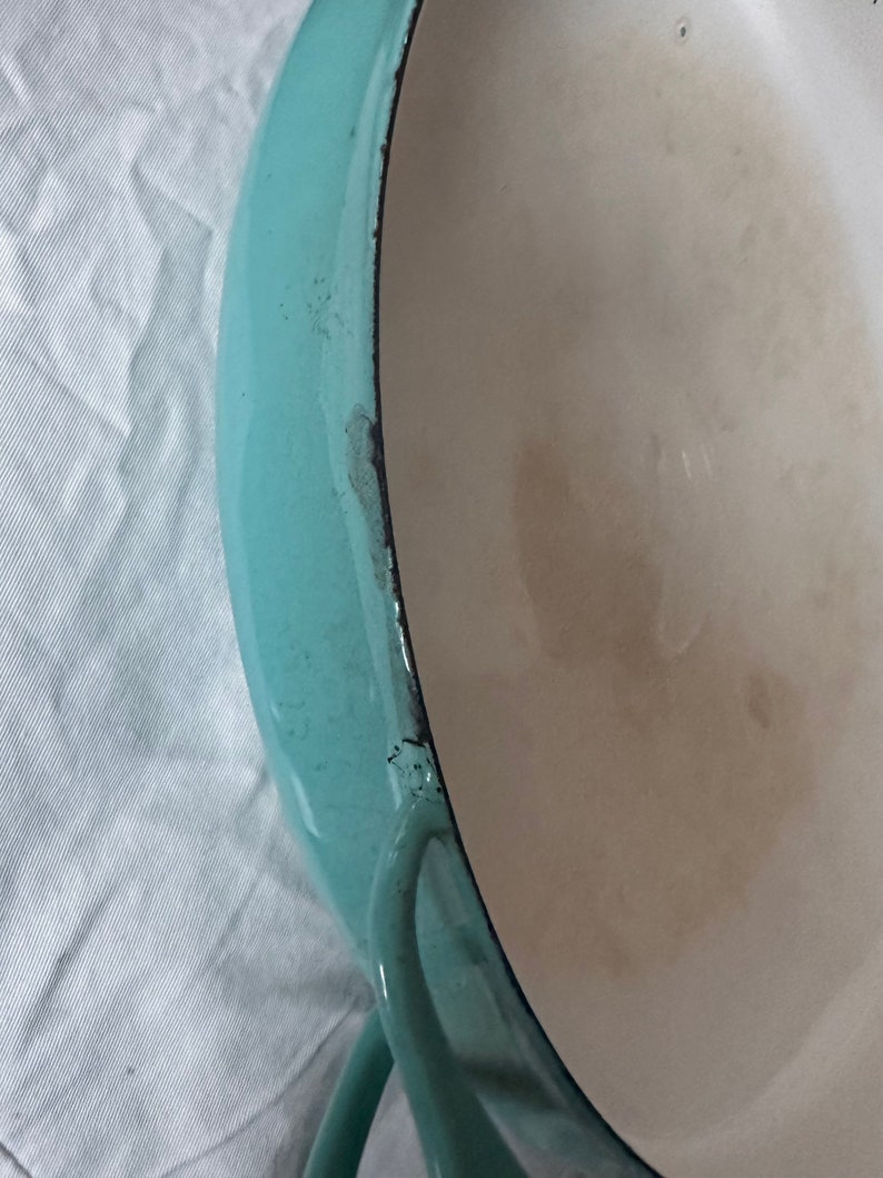 Dansk Denmark kobenstyle JHQ Enamel 13 round Pan Jens Quistgaard turquoise teal large vintage image 4