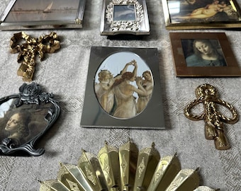 Vintage lot gallery accent wall art pictures set gold framed decor gold bow 12 pc miniature portraits nude woman silver frames