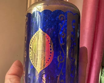 Vintage cobalt Blue gold Perfume bottle vessel vase decor no lid. Vanity ornate 6x2.5”