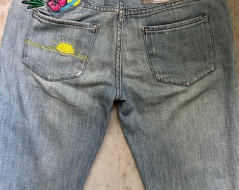 Vintage ROBERTO CAVALLI Just Cavalli Boot Cut Jeans Pants Y2K Sz 24 Tropical cocktail embroidered Italy light blue low rise