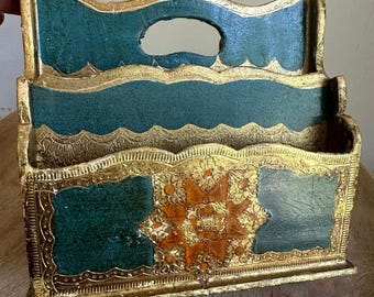Vintage Firenze Florentine Letter Rack holder gold blue teal wood ornate Italy 7x8” disstressed