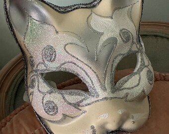 Venetian Cat Mask Made In Italy Hand Painted Silver Pink Gray Glitter 6x7.5” Tie