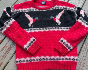 Vintage WOOLRICH mallard ducks red sweater sz s wool hunting equestrian knit woman men gray white preppy birds crew
