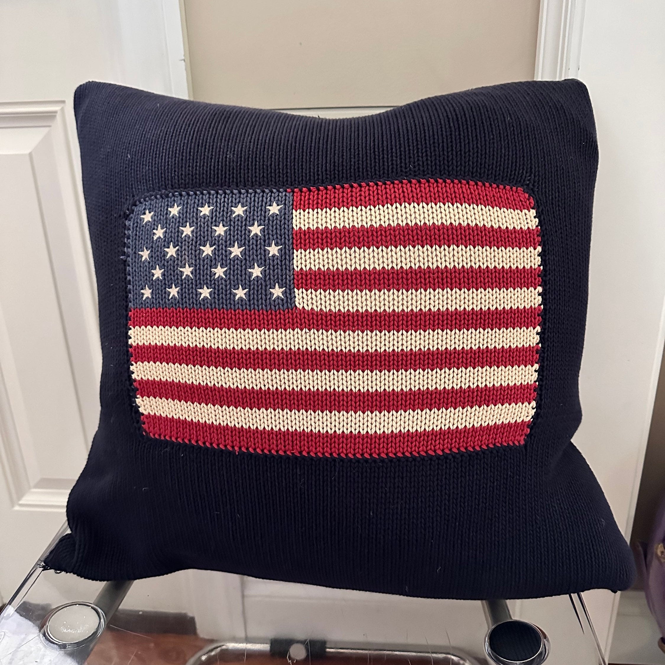 Vintage Ralph Lauren Pillow American Flag Knit Navy Blue