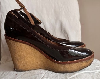 パンプス Saint Laurent Brown Shiny Leather Wedges Saint Laurent Brown shiny leather wedges | TheDoubleF