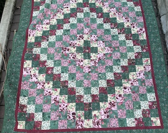 Trip Around the World" flannel quilt throw cottagecore handmade green 2006 burgundy patchwork winter fall