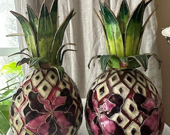 2 Vintage Cloisonné Enameled Pineapple Candlestick Holders Hollywood regency set