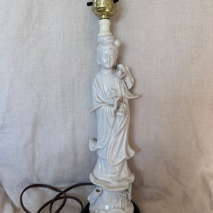 Vintage Chinese Blanc De Chine Kwan Quan Yin Porcelain Lamp Base 15” Japan chinoiserie white asian woman statue