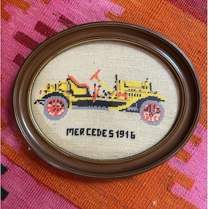 Vintage Wool Needlepoint MERCEDES 1916 Classic Car oval Frame wooden 12x”9.5” embroidery old wall hanging art picture hand made
