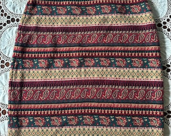 Vintage Adrienne Vittadini skirt Sport paisley 100% merino wool fair isle knee pencil winter M brown red