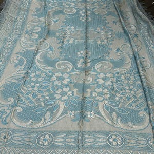 Vintage Bedspread fringed blue silver jacquard floral retro bed cover coverlet full 88x72”