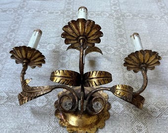 Vintage tole gold leaf Italian Sconce Wall Candle Light Italy gilded 14x10” candelabra
