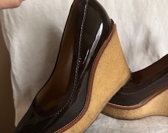 Vintage Ives saint Laurent woman’s shoes sz 38, us 7, brown patent leather wedge heels YSL ankle strap