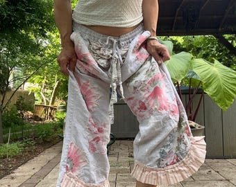 Custom made pants Reworked Boho princess Patch linen unique ruffled pink comfort flamingo one of a kind blush tan summer bohemian one sz