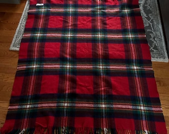 Reine Schurwolle Wool Blanket Throw Red Blue Green Plaid Fringe Vintage 62x48” lightweight European stadium chair throw