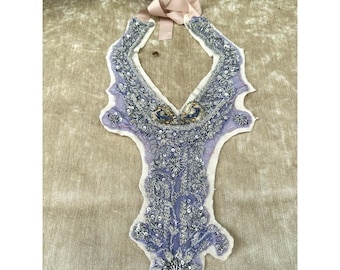 Statement necklace collar bib jabot bejeweled handmade cashmere lined Upsycled lavender silver cream beaded one of a kind unique