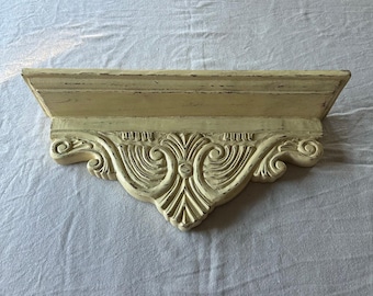 Vintage distressed antique finish wall corbel shelf acanthus leaf tassel pale yellow aged 20”carved