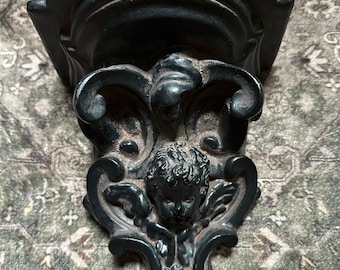 Vintage Cherub Sconce Shelf angel Bracket black aged (cast iron look) resin ornate gothic  9” antique style display