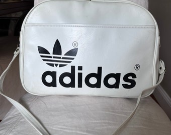 Vintage White Black Adidas Gym Bag Vinyl Trefoil Logo Zip Shoulder Strap