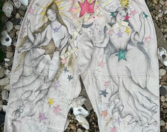 Custom made pants Reworked Boho reworked unique bloomers art angels moth cherub hand painted cream statement art to wear jogger canvas