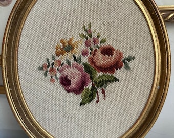 Vintage Framed Cross Stitch Pink Flower bouquet oval frame Victorian decor 11x9”