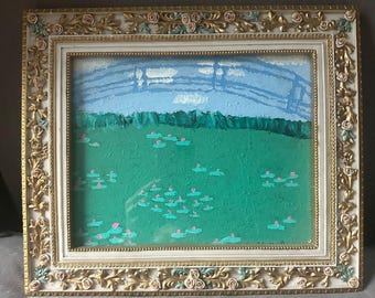Original framed artwork water lily painting vibrant green pond blue bridge 13x11 signed
