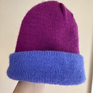 Vintage Christian Dior Wool Beanie Hat Purple Pink Knit Color block Striped bright colors retro woman reversible