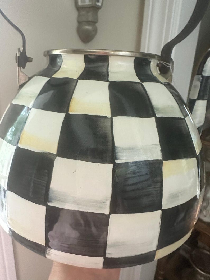 MacKenzie-Childs teapot Black & White Check MISSING Lid project decor damaged wooden handle large zdjęcie 3