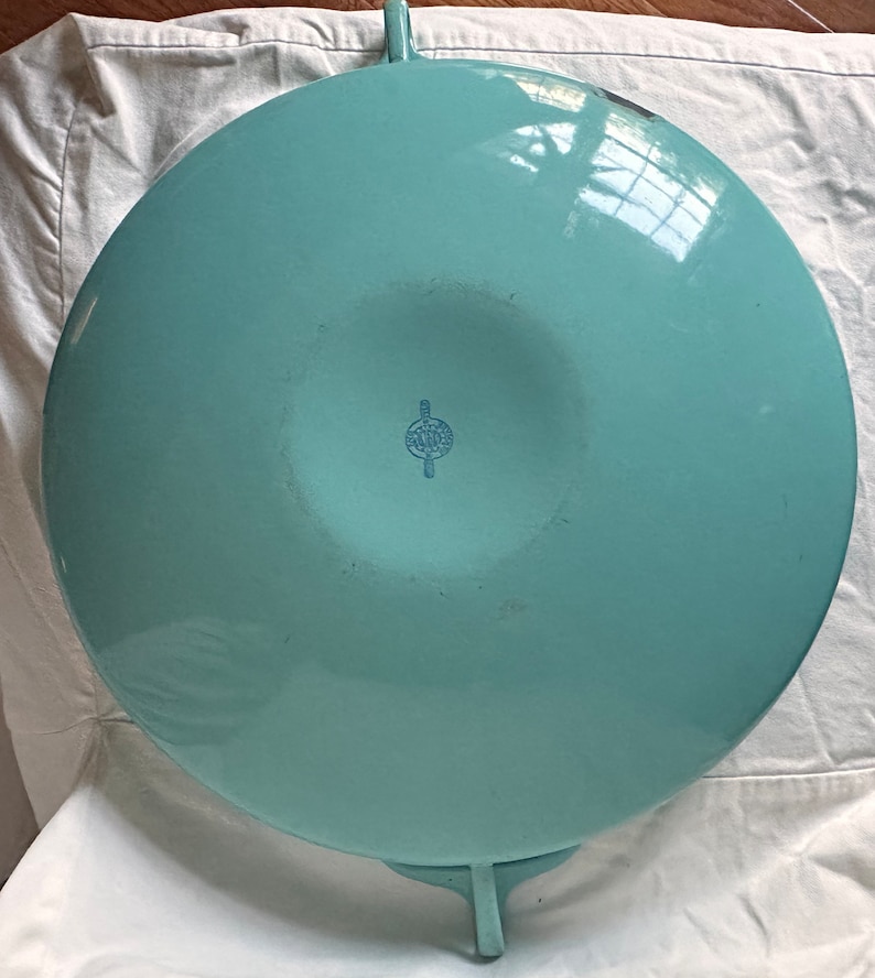 Dansk Denmark kobenstyle JHQ Enamel 13 round Pan Jens Quistgaard turquoise teal large vintage image 2