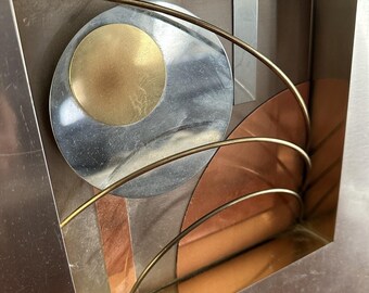 Curtis JERE Mixed Metal WALL SCULPTURE Cubism Abstract Modernist square 16” wall plaque mcm mid century heavy silver steel