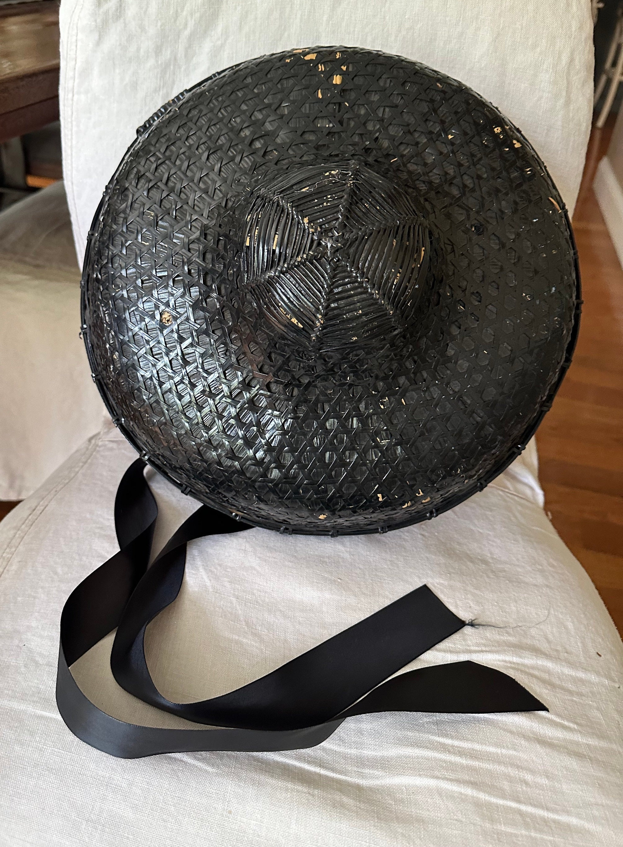 Vintage Asian Conical Hat Black W/ Ribbon Ties Rice Paddy