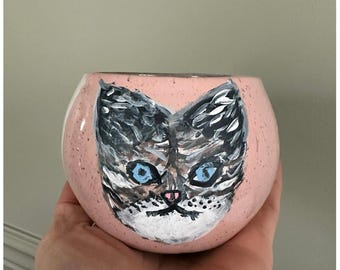 anthropologie ceramic mug pottery Handpainted cat customized rare unique cup round coffee tea cup