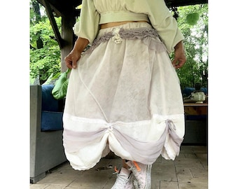 Custom made midi skirt fairy princess Reworked Boho vintage unique tutu art silk ruffled costume one of a kind pale lavender
