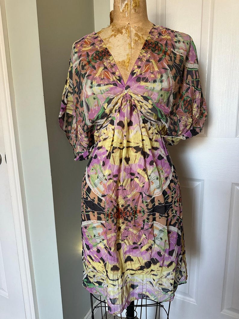 Anthropologie Leifsdottir 100% Silk Mini Dress butterfly bohemian sz 8 tie dye image 2