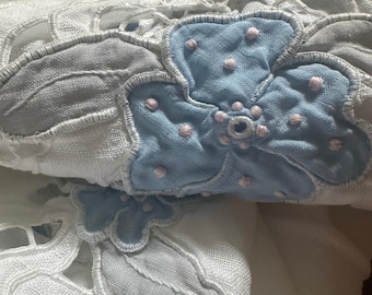 Vintage Hand Embroidered Tablecloth White floral blue linen cut out 98x58” scalloped hand made cottage country farm