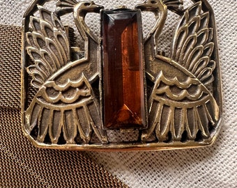 Vintage Allen Kline belt for accessocraft metal mesh gold tone peacock birds buckle brown rhinestone jeweled buckle sz xs art deco mcm rare
