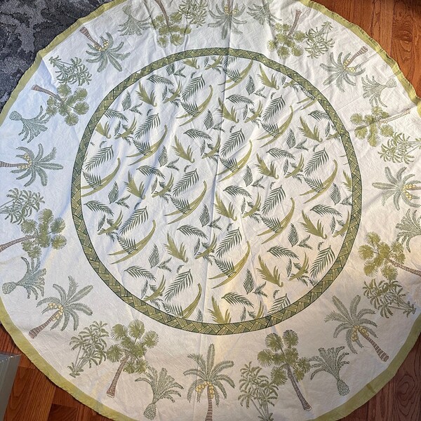 Couleur Nature by Bruno Lamy Round Cotton Tablecloth Palm Tree 70x70”Green White handmade