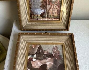 Vintage framed metallic foil lithographs mid-century English village countryside