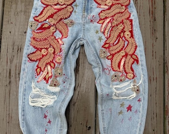 Upcycled Jeans Reworked red gold Patches one of a kind Sz s glam Bohemian velvet
