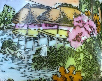 Vintage porcelain Village Scene Sugar/Creamer Set Japan luster tea party Asian