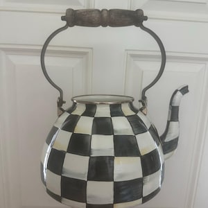 MacKenzie-Childs teapot Black & White Check MISSING Lid project decor damaged wooden handle large zdjęcie 13