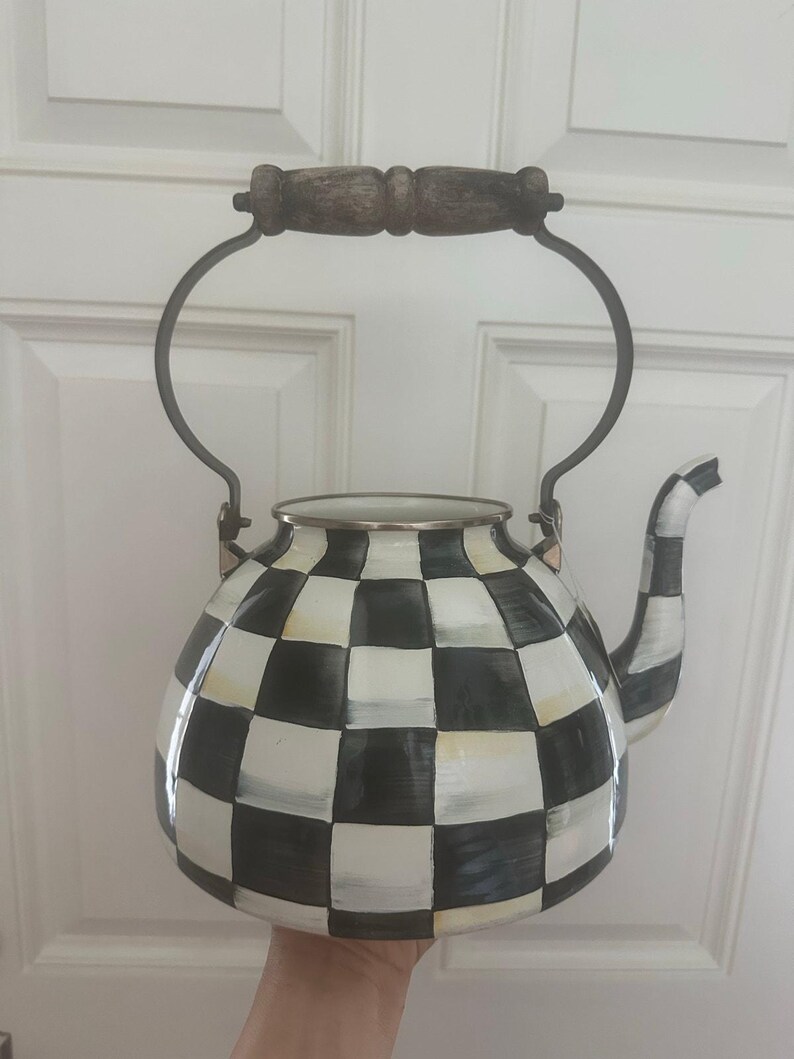 MacKenzie-Childs teapot Black & White Check MISSING Lid project decor damaged wooden handle large zdjęcie 13