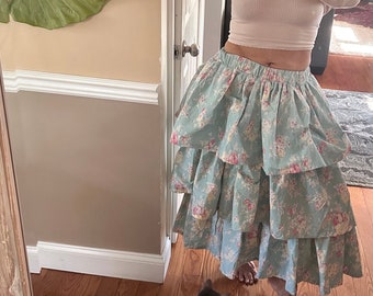 Hand made sewn maxi layered skirt ruffled three layers baby blue pink floral cotton long unique country one of a kind festival western