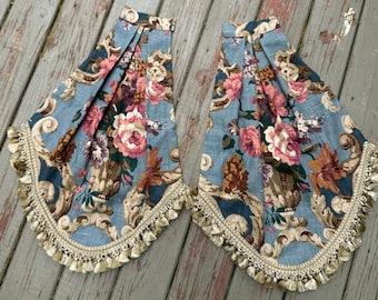 Pair of vintage custom-made balances, luxury, blue tassel, small windows set 2 unique shape pleated heavy cotton 6x39”