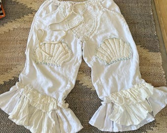 Linen pants Bloomers unique quilted ruffled shell appliques mermaid hand stitched white one of a kind summer boho cottage country sea fun