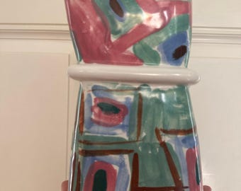 Vintage hand-painted vase colorful abstract unique rare one of a kind unique strange asymmetrical rectangular pink green white 9” Mcm signed