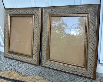 Vintage Ornate gold decorative frames carved wood pair set glass two 20x17” wall hanging